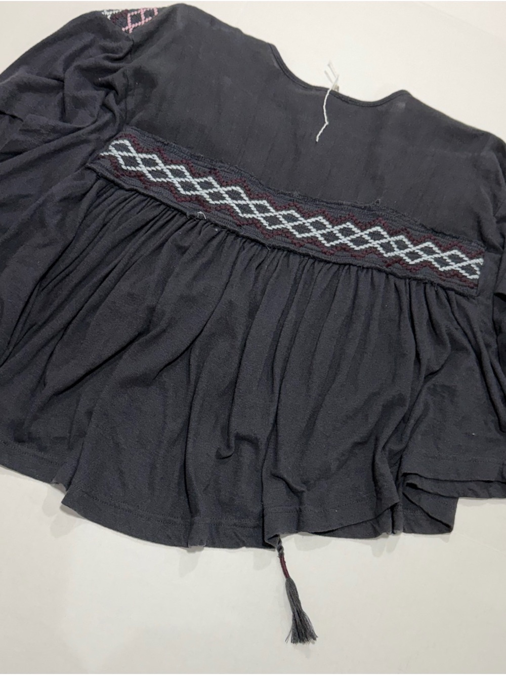 Black Embroidered Boho Peasant Top with Pink & Light Blue Accents - Picture 2 of 5